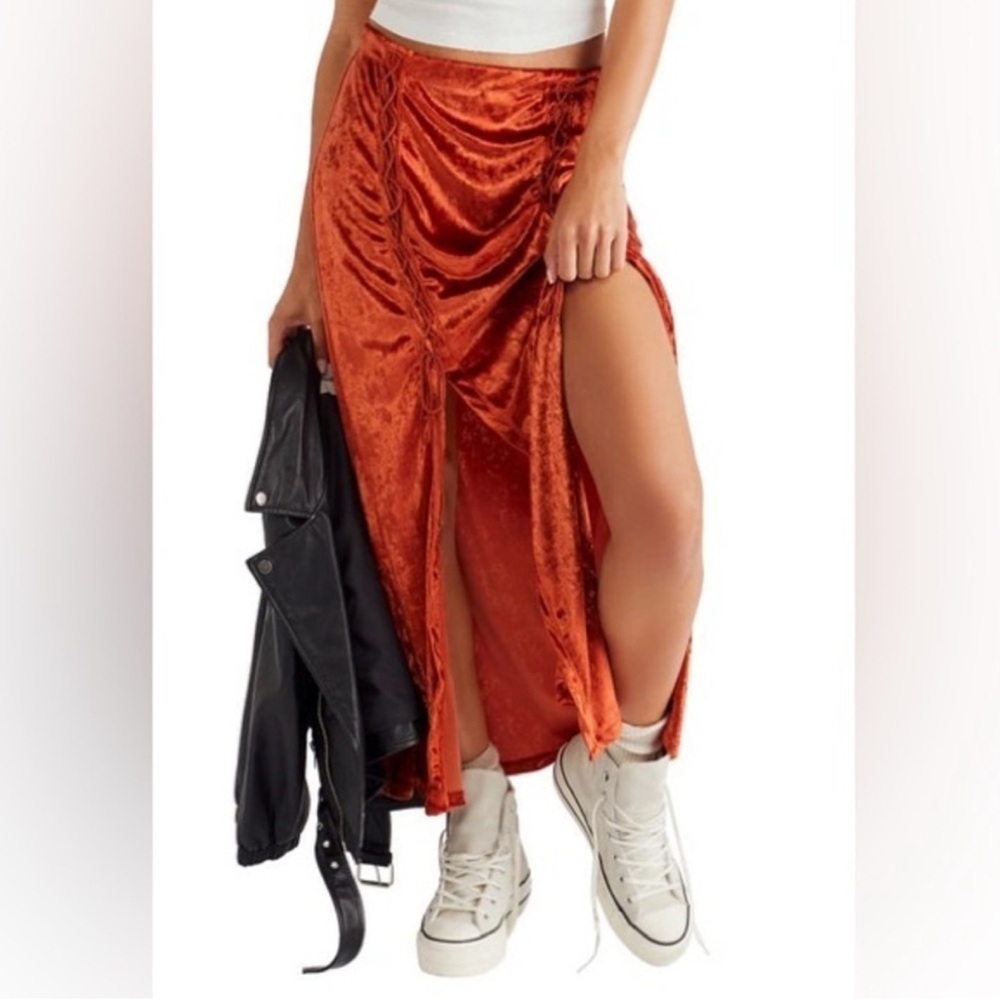 Free People Eyes On You Copper Braided Velvet Midi Skirt